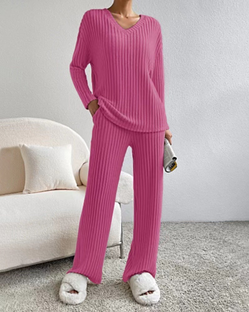 Fashion Solid Striped Suit V-neck Long-sleeved Top And Casual Straight Pants Loose Temperament Women's Clothing