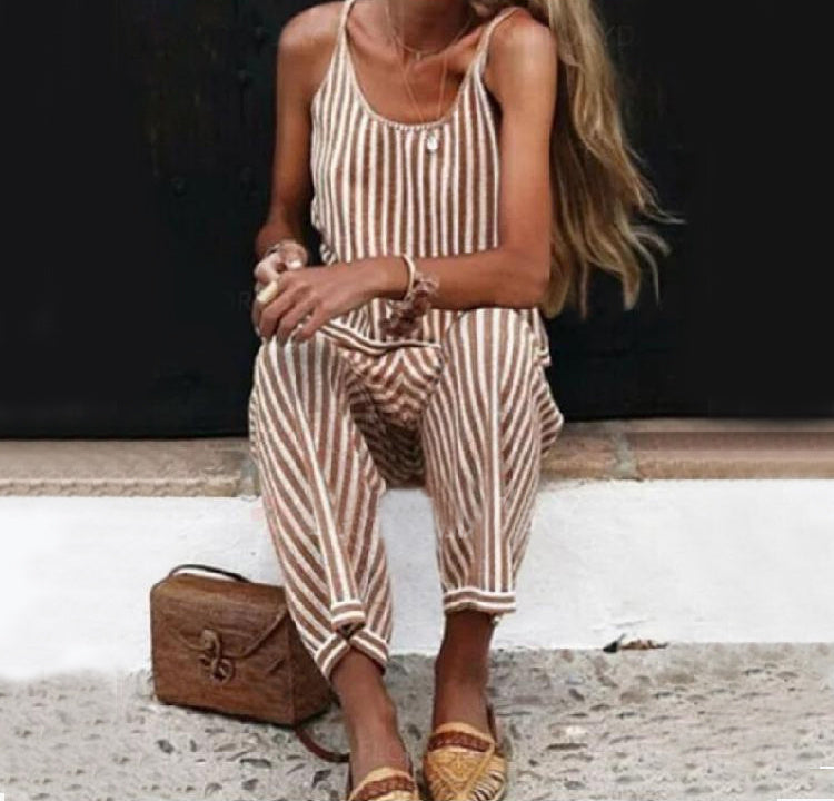 Striped Bib Jumpsuit With Pockets Summer Fashion Loose Wide-leg Pants For Women Clothing