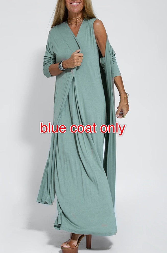 New Solid Color V-neck Sleeveless Dress Long Cardigan Jacket Suit For Women